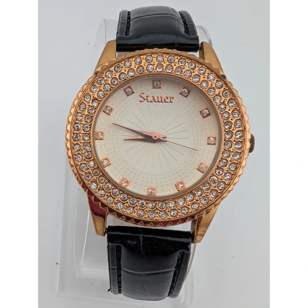 Stauer Sirene Watch Women 38mm Rose Gold Tone Black Leather‎ Band- New Battery